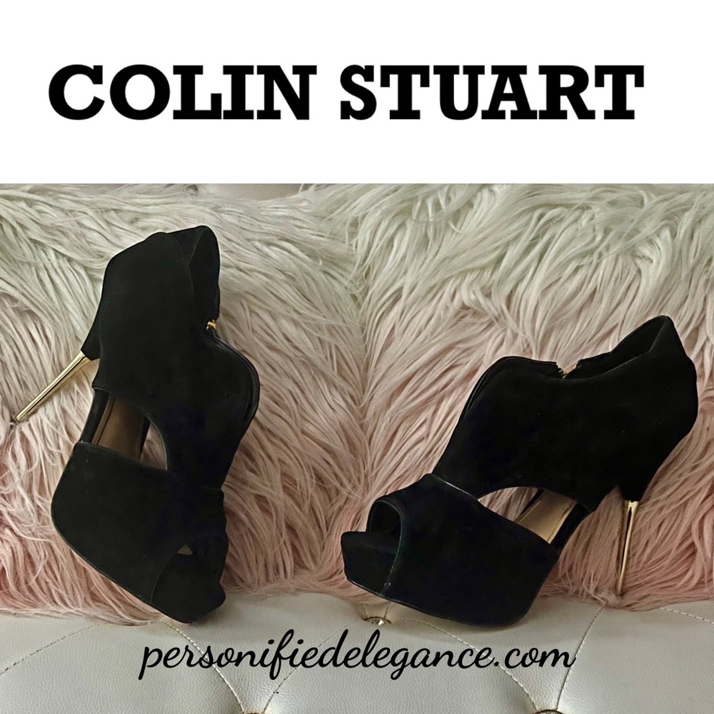 NEW Colin Stuart Black Suede Gold Metal Heel Cutout Ankle Booties Size 11B
